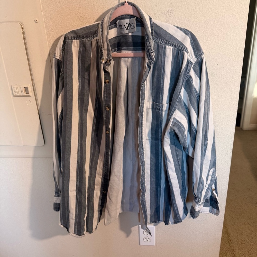 Oversized Striped Button Up Shirt Blue White Cotton XL Casual Coastal